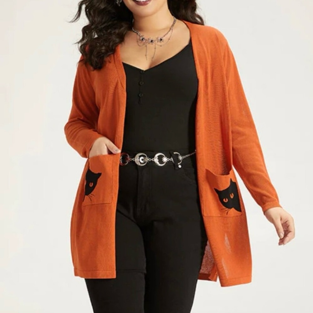 Orange Pocket Cat Open-Front Cardigan Sweater